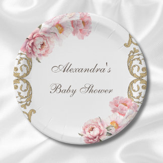 Roze Peony Rococo Floral Baby shower Papieren Bordje