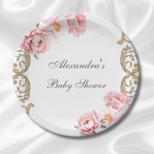 Roze  Peony Rococo Floral Baby shower Papieren Bordje