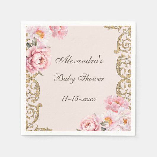 Roze Peony Rococo  Floral Baby shower Servet (Voorkant)