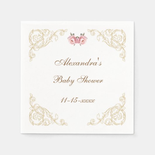 Roze Peony Rococo  Floral Baby shower Servet (Voorkant)