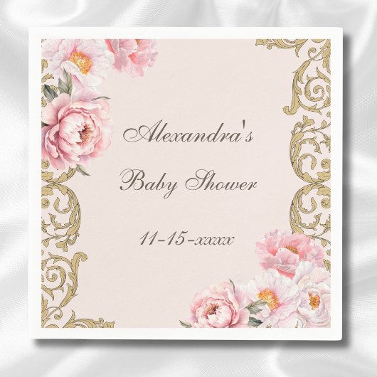 Roze Peony Rococo Floral Baby shower Servet