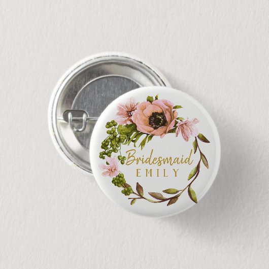 Roze Peony Wreath Bridesmaid Name ID456 Ronde Button 3,2 Cm (Voorkant /achterkant)