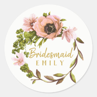 Roze Peony Wreath Bridesmaid Name ID456 Ronde Sticker