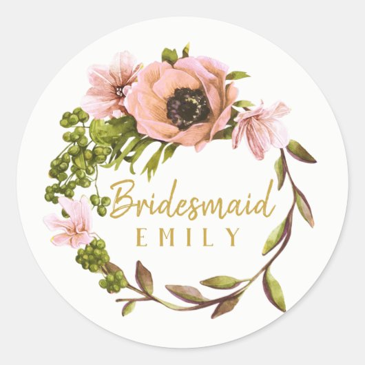 Roze Peony Wreath Bridesmaid Name ID456 Ronde Sticker (Voorkant)
