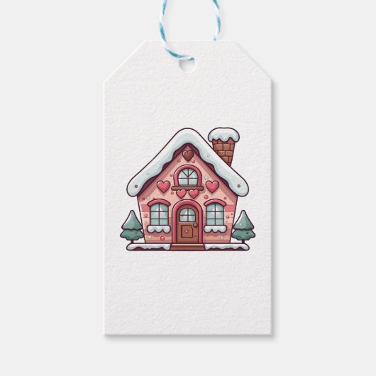 Roze peperkoek huis met harten cadeaulabel (Voorkant)