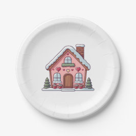 Roze peperkoek huis met harten papieren bordje