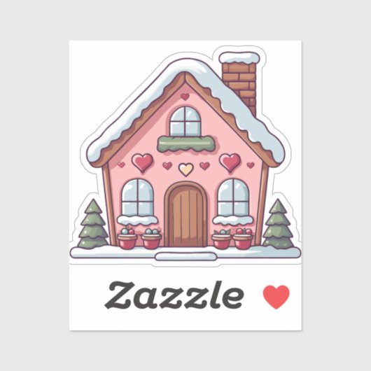 Roze peperkoek huis met harten sticker (Vel)