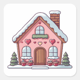 Roze peperkoek huis met harten vierkante sticker