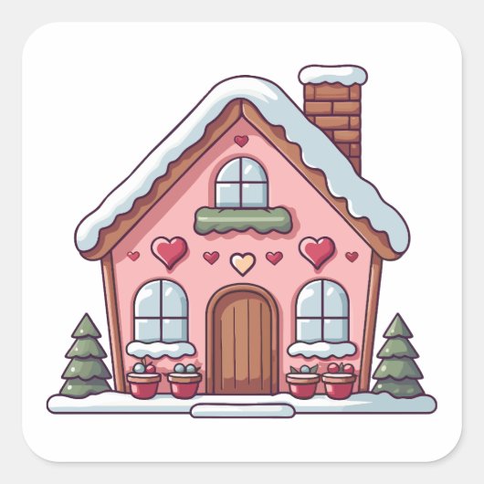 Roze peperkoek huis met harten vierkante sticker (Voorkant)
