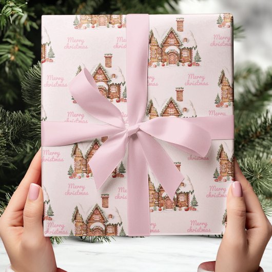 Roze peperkoek huis Vrolijk kerstfeest Cadeaupapier