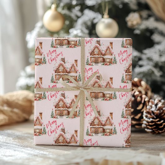 Roze peperkoek huis Vrolijk kerstfeest Cadeaupapier
