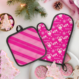 Roze Pepermunt Snowflakes Candy Cane Stripe Naam Ovenwant & Pannenlap Set