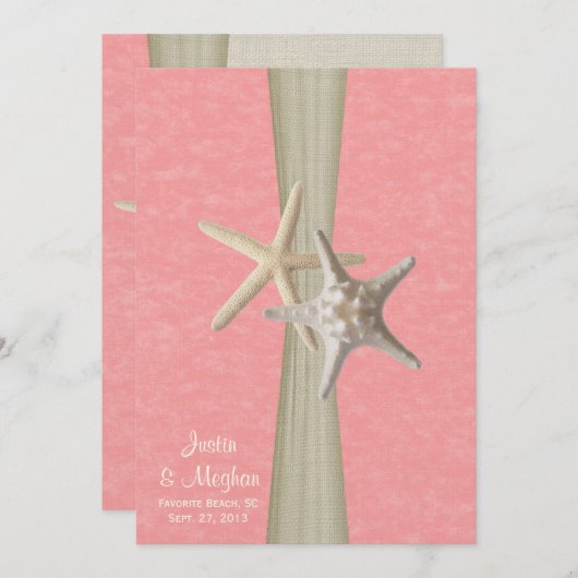 Roze perkament en Starfish Beach bruiloft Kaart (Voorkant / Achterkant)