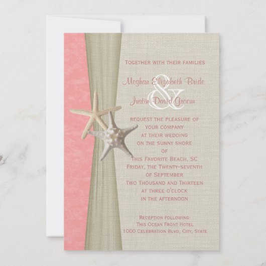 Roze perkament en Starfish Beach bruiloft Kaart (Achterkant)