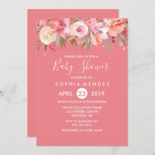 Roze perkoraalkleurige Waterverf Baby shower uitno Kaart (Voorkant / Achterkant)