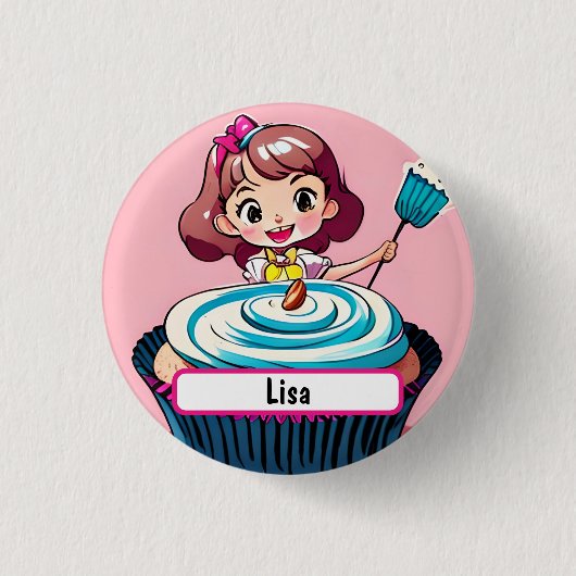 Roze perskoeken, prinses met diameter ronde button 3,2 cm (Voorkant)