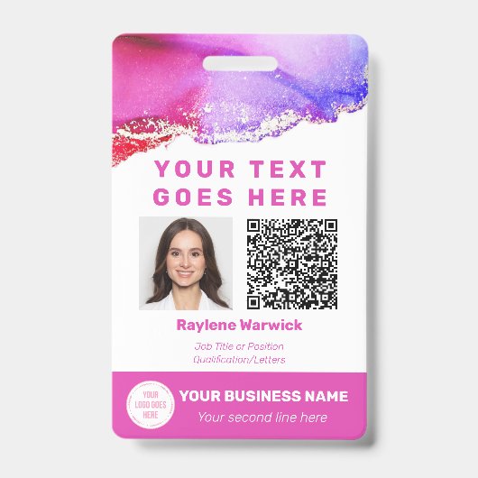 Roze personeelsfoto ID QR-code badge (Voorzijde)