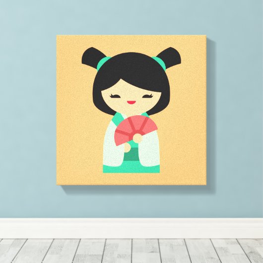 Roze perzik aqua Kokeshi Japanse poppen Canvas Afdruk (Insitu (Houten vloer))