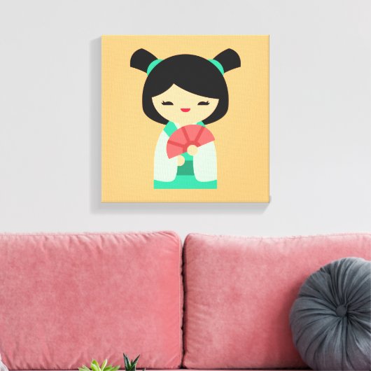 Roze perzik aqua Kokeshi Japanse poppen Canvas Afdruk (Insitu (Woonkamer))