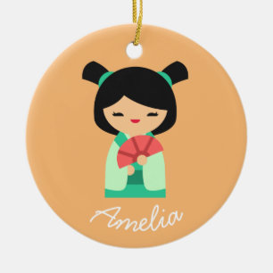 Roze perzik aqua Kokeshi Japanse poppen Keramisch Ornament