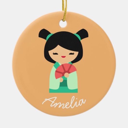 Roze perzik aqua Kokeshi Japanse poppen Keramisch Ornament (Voorkant)