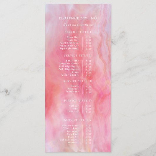 Roze Perzik Aquarel Haar Make-up Stylist Prijzen Menu (Voorkant)