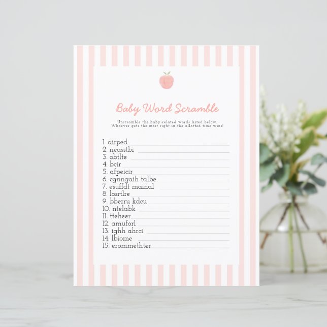 Roze perzik baby woord scrabble baby shower spel (Staand voorkant)
