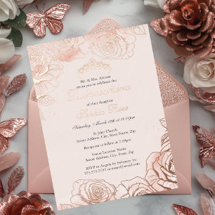 Roze Perzik Bloem Roze Goud Quinceanera Folie Uitnodiging