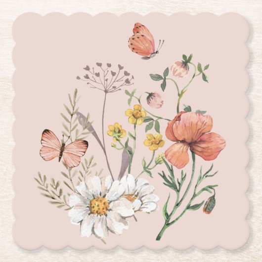 Roze Perzik Bloem Wildbloem Vierkant Kartonnen Onderzetters (Voorkant)