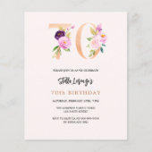 Roze perzik bloemen 70e verjaardag budget uitnodig (Voorkant)