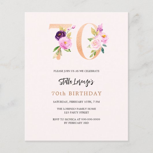 Roze perzik bloemen 70e verjaardag budget uitnodig (Voorkant)