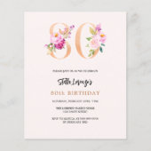 Roze perzik bloemen 80e verjaardag budget uitnodig (Voorkant)