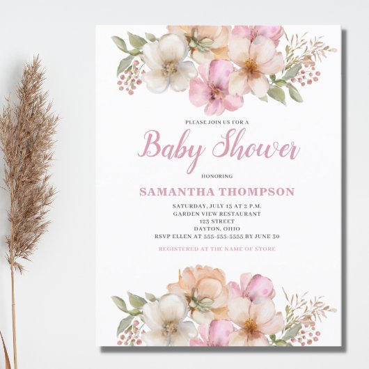 Roze Perzik Bloemen Baby shower Invitation Briefkaart