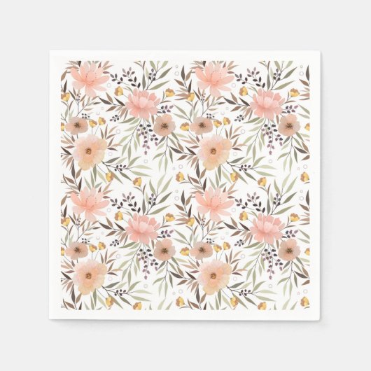 Roze Perzik Bloemen Bladeren Patroon Servetten (Voorkant)