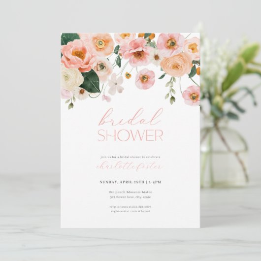 Roze & Perzik Bloemen Bruidsdouche Uitnodiging (Staand voorkant)