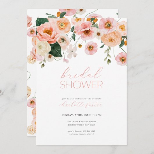 Roze & Perzik Bloemen Bruidsdouche Uitnodiging (Voorkant / Achterkant)