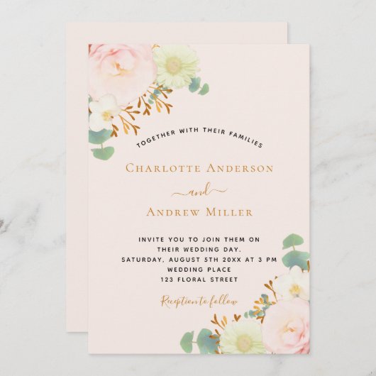 Roze perzik bloemen bruiloft kaart (Voorkant / Achterkant)