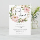 Roze Perzik Bloemen Elegante Huwelijk Kaart (Staand voorkant)