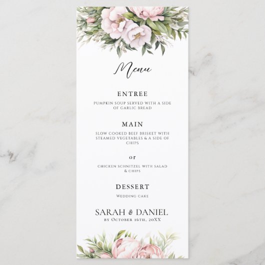 Roze Perzik Bloemen Elegante Huwelijk Menu (Voorkant)