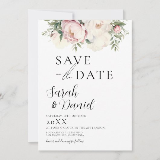 Roze Perzik Bloemen Elegante Huwelijk Save The Date (Voorkant)