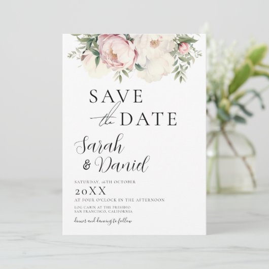 Roze Perzik Bloemen Elegante Huwelijk Save The Date (Staand voorkant)