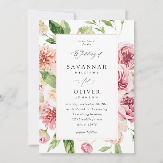 Roze & Perzik Bloemen & Groen Bruiloft V2 W Lijst Kaart (Voorkant)