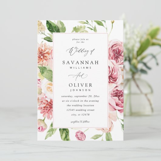 Roze & Perzik Bloemen & Groen Bruiloft V2 W Lijst Kaart (Staand voorkant)