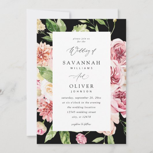Roze & Perzik Bloemen & Groen Bruiloft - Zwart V2 Kaart (Voorkant)