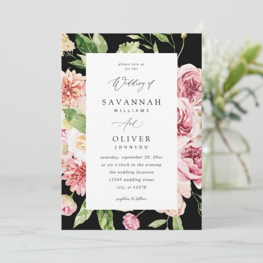 Roze & Perzik Bloemen & Groen Bruiloft - Zwart V2 Kaart (Staand voorkant)