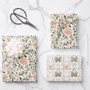 Roze Perzik Bloemen Groene Bladeren Bruiloft Feest Inpakpapier Vel