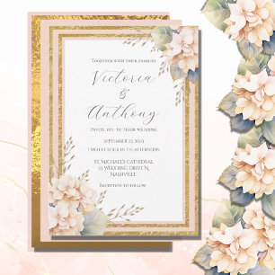 Roze Perzik Bloemen Hydrangea Goud Moderne bruilof Kaart