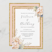 Roze Perzik Bloemen Pioen Goud Moderne Bruiloft Kaart (Voorkant / Achterkant)