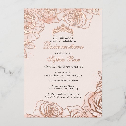 Roze Perzik Bloemen Roos Goud Quinceanera Folie Uitnodiging (Voorkant)