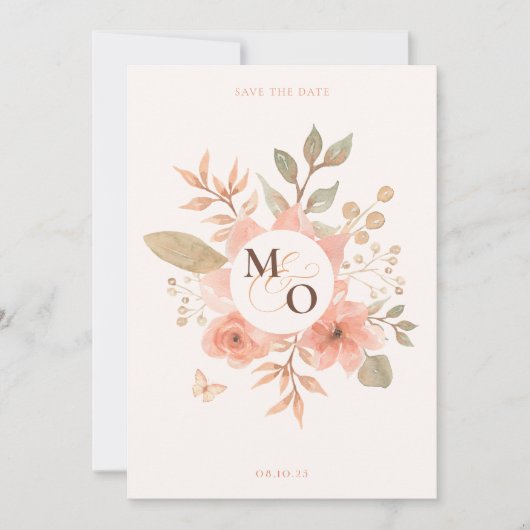 Roze perzik bloemenbruiloft save the date (Voorkant)